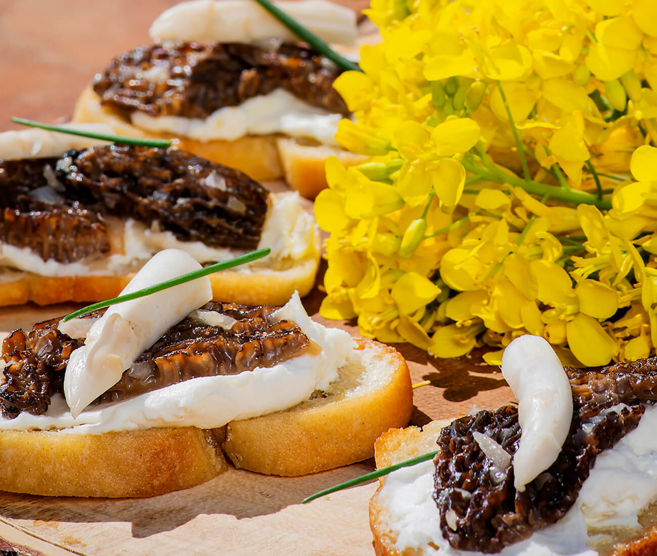 Image for Lemon Ricotta Crostini with Morel Duxelles & Pickled White Asparagus